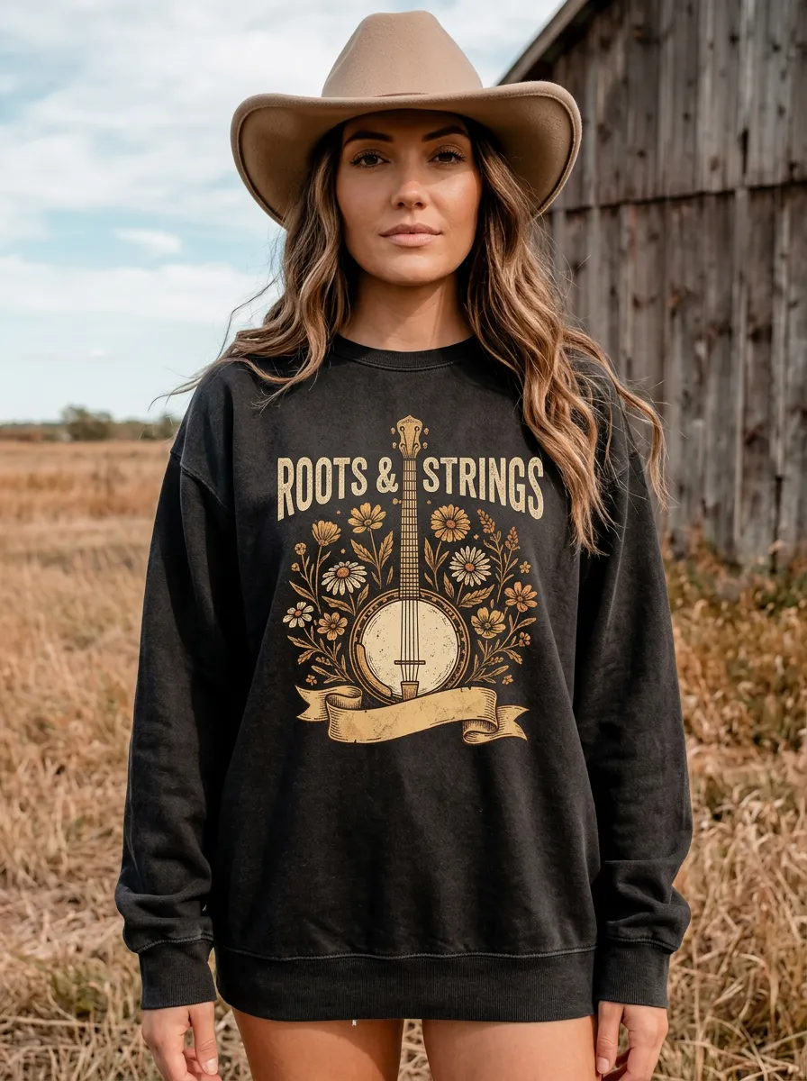 Banjo Roots-Strings Country Music Crewneck Sweatshirt