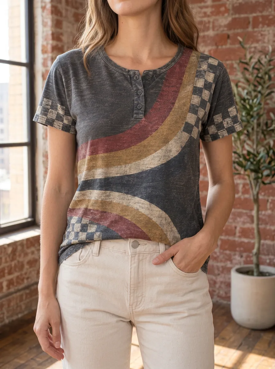 Women's Classic Vintage Retro Rainbow Checkered Henley T-Shirt