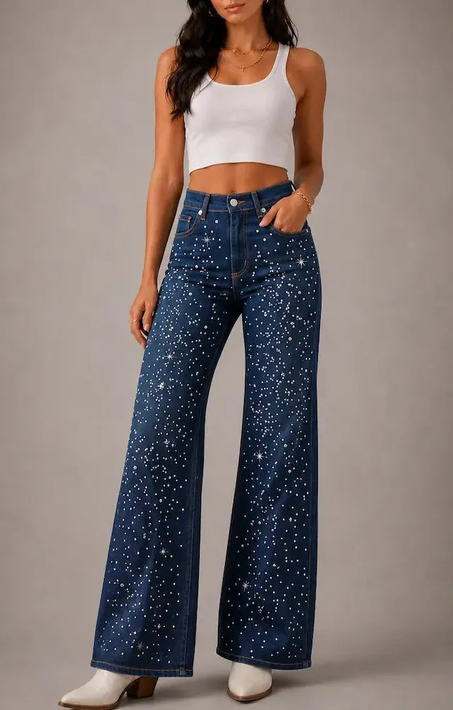 Wide Leg High Waist Rhinestone Detail Retro Style Denim Jeans