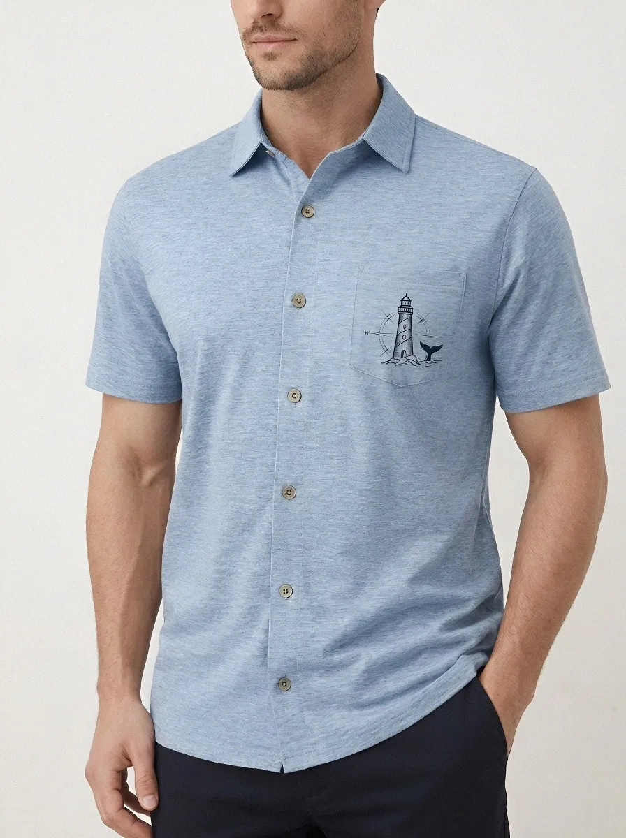 Men's Nautical Lighthouse Whale Tail Printed Polo Shirt