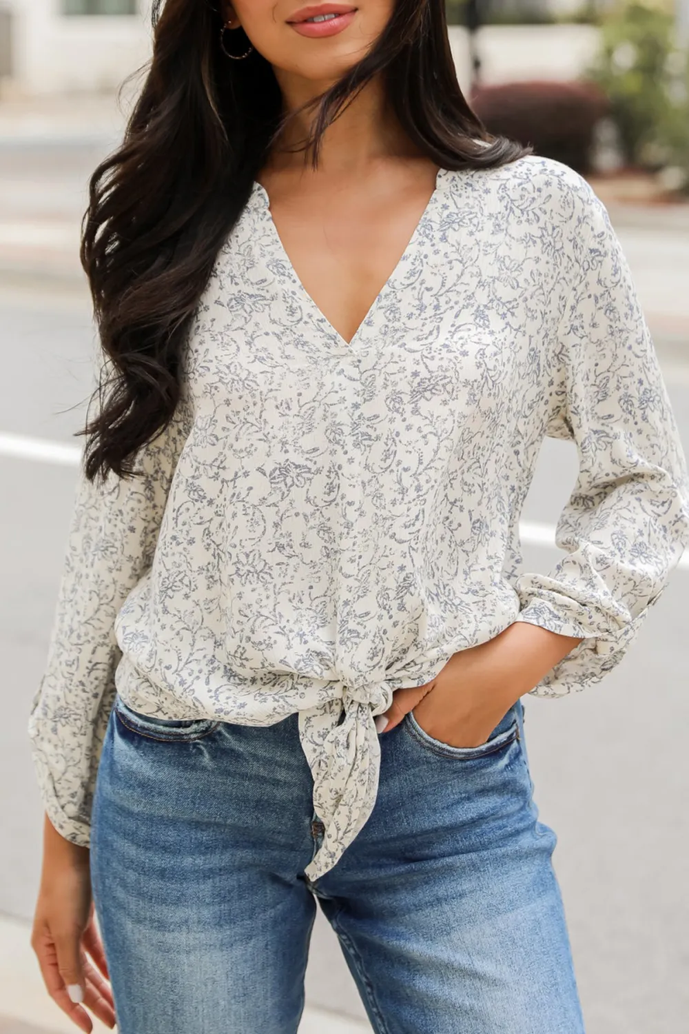 Cream Floral Tie-Front Blouse
