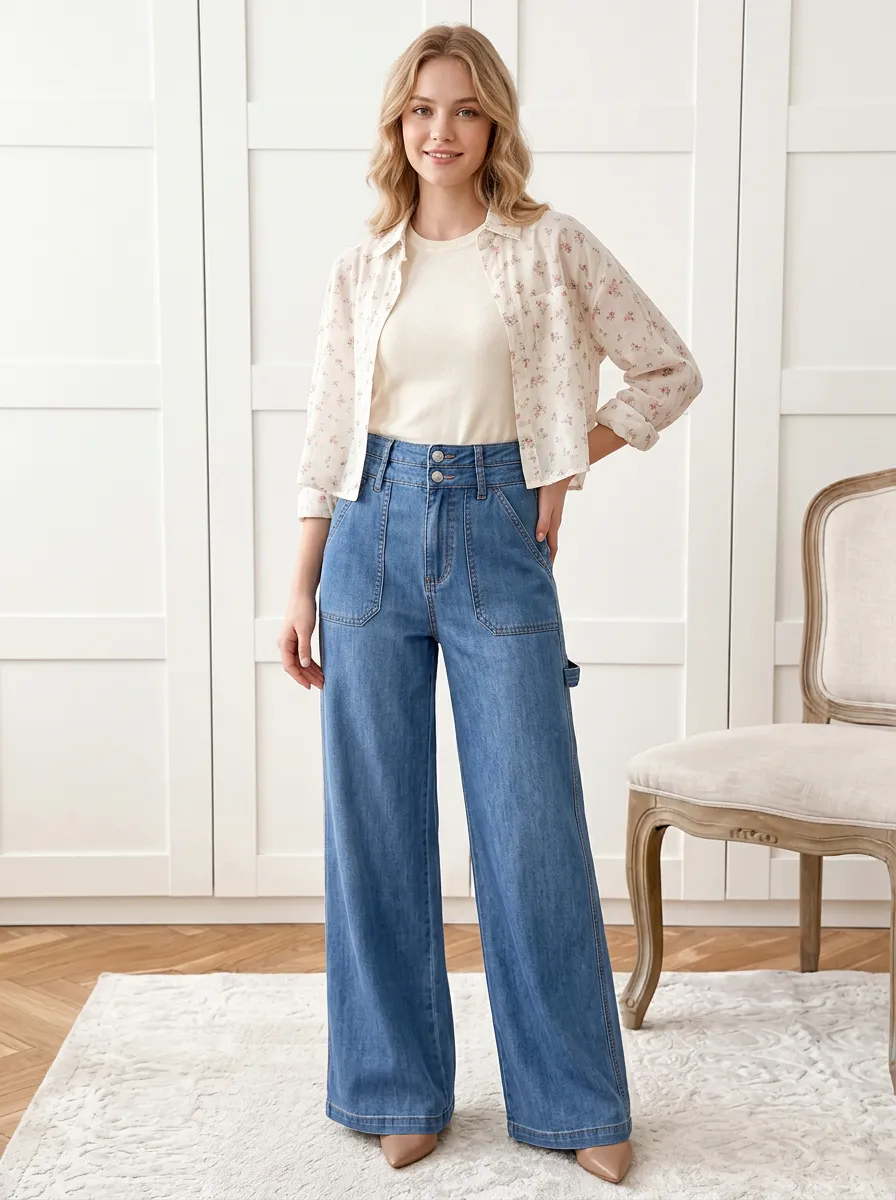 Women's Casual Vintage Style High Waisted Wide Leg Denim Jeans