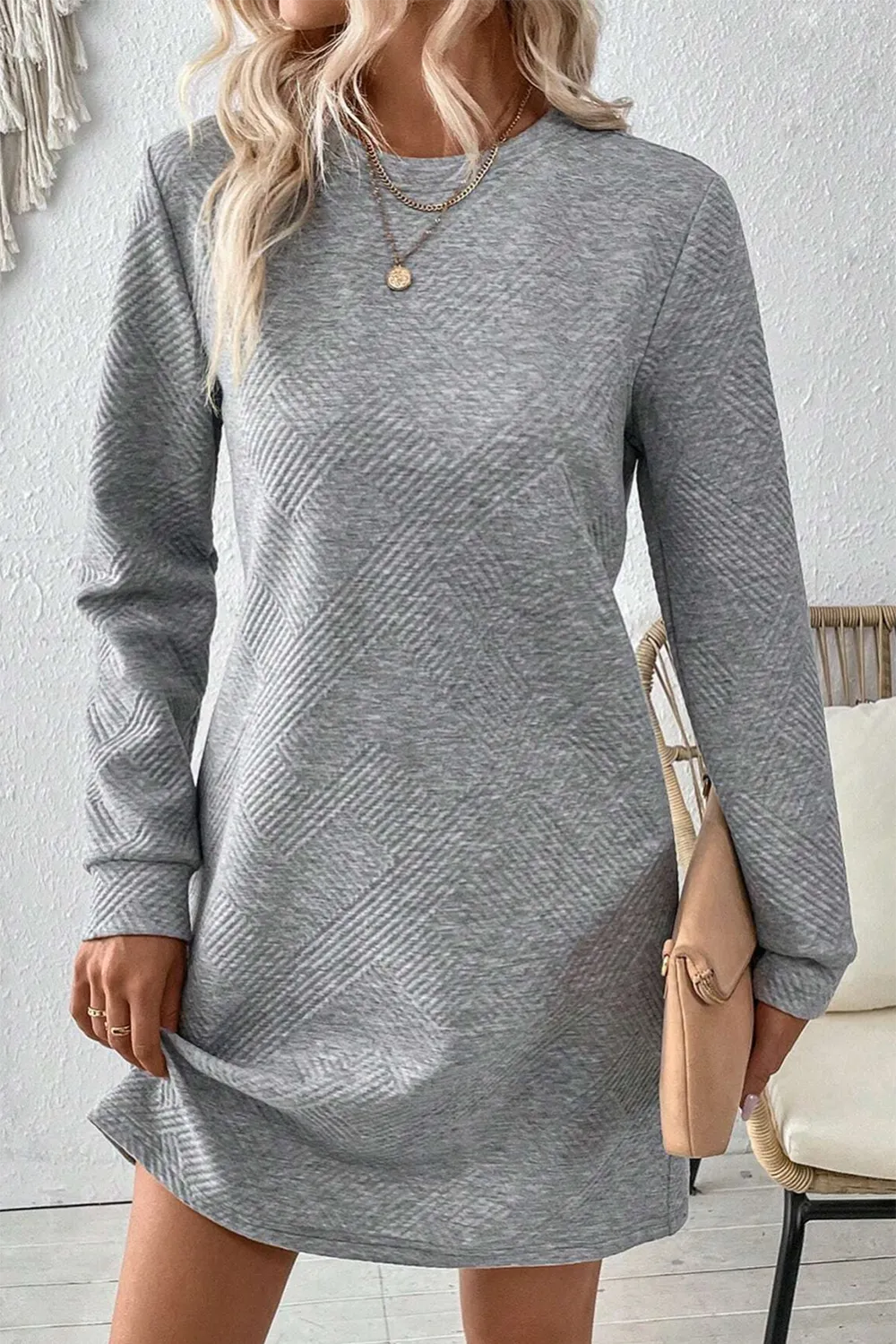 Easygoing Textured Long Sleeve Shift Mini Dress