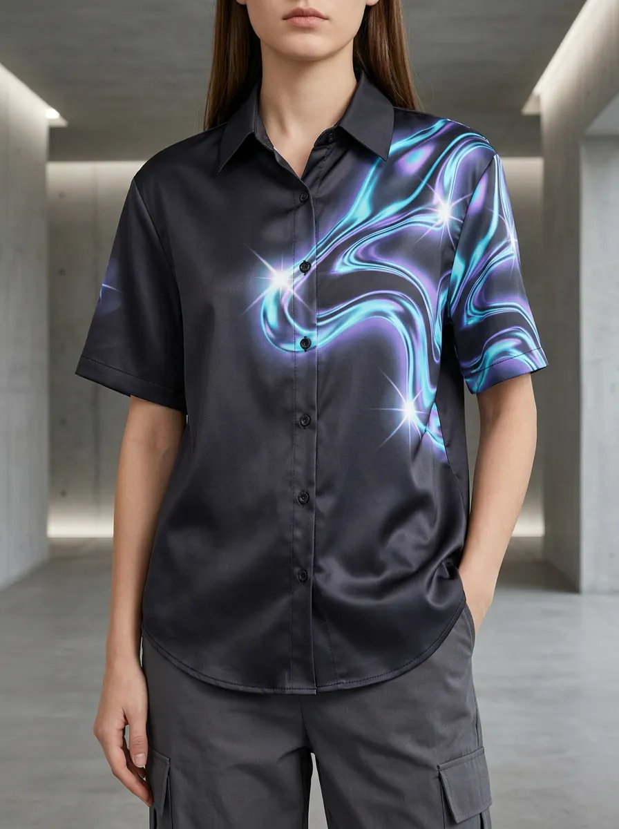 Women's Dynamic Y2K Aesthetic Neon Swirl Star Shirt