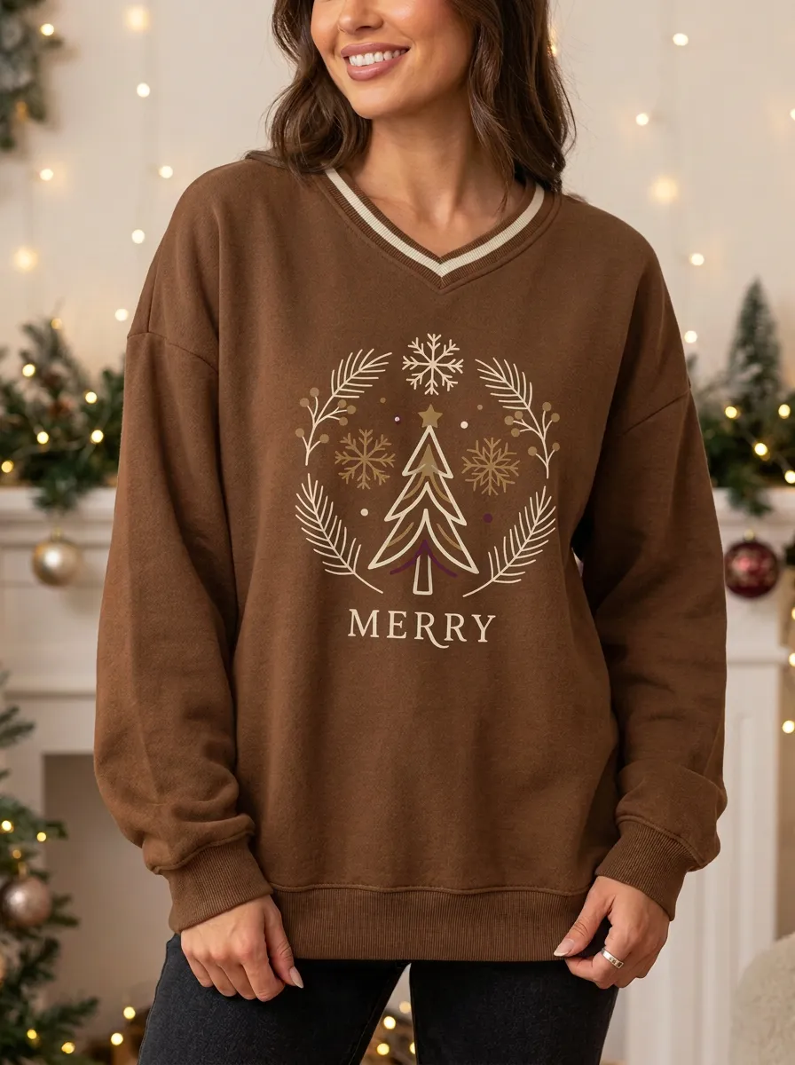 Christmas Merry Tree Snowflake Wreath Print Sweatshirt