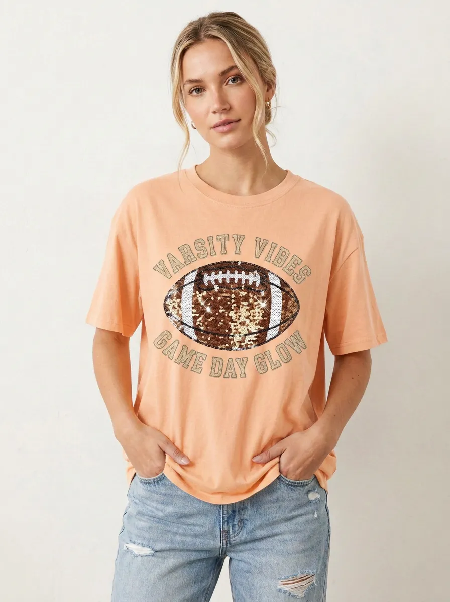 Women's Classic Football Ball Sequin Crew Neck Graphic T-Shirt