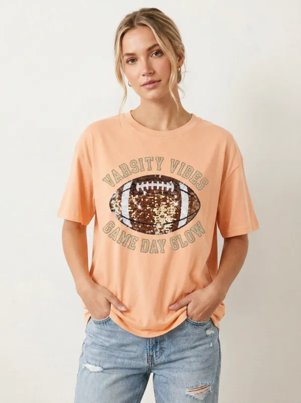Women's Classic Football Ball Sequin Crew Neck Graphic T-Shirt