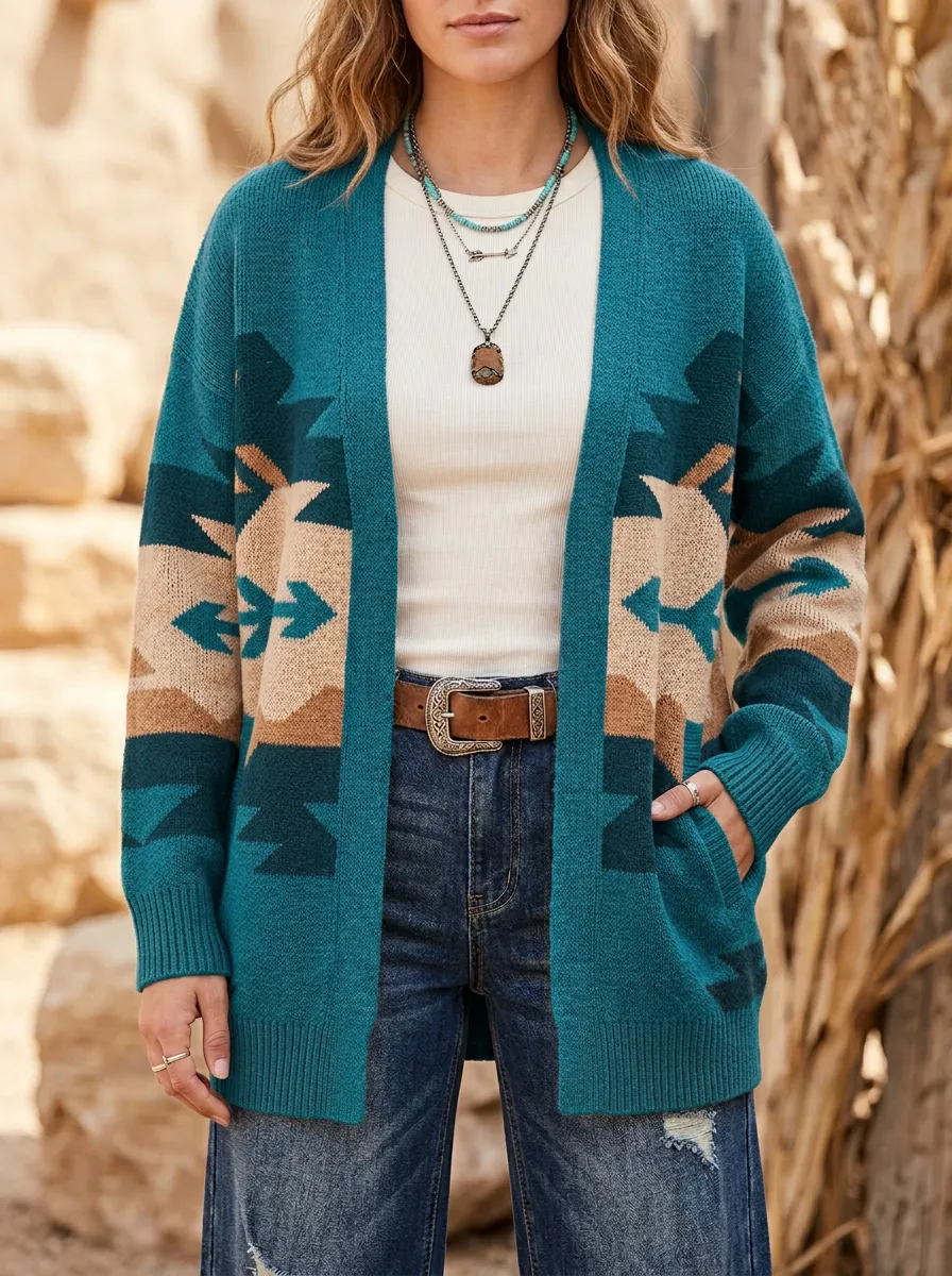 Women's Western B3 Geometric Pattern Knitted Cardigan