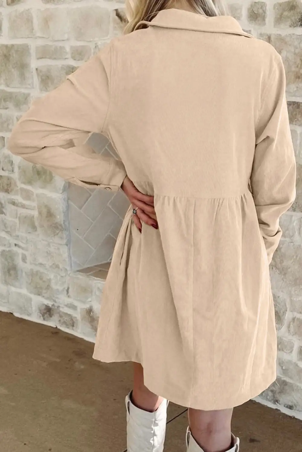 Lightweight Feel Corduroy Half Button Long Sleeve Mini Dress