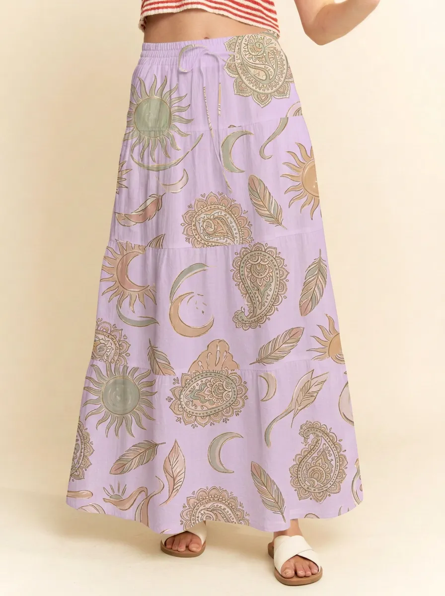 Women's Boho Celestial Sun Moon Feather Paisley Printed Maxi Skirt