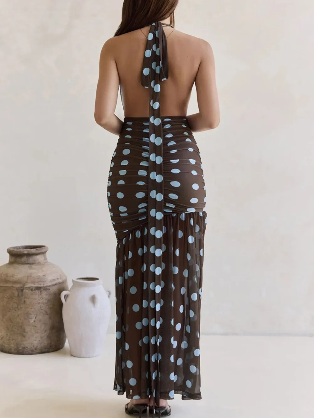Ruched Halter Polka-Dot Maxi Dress