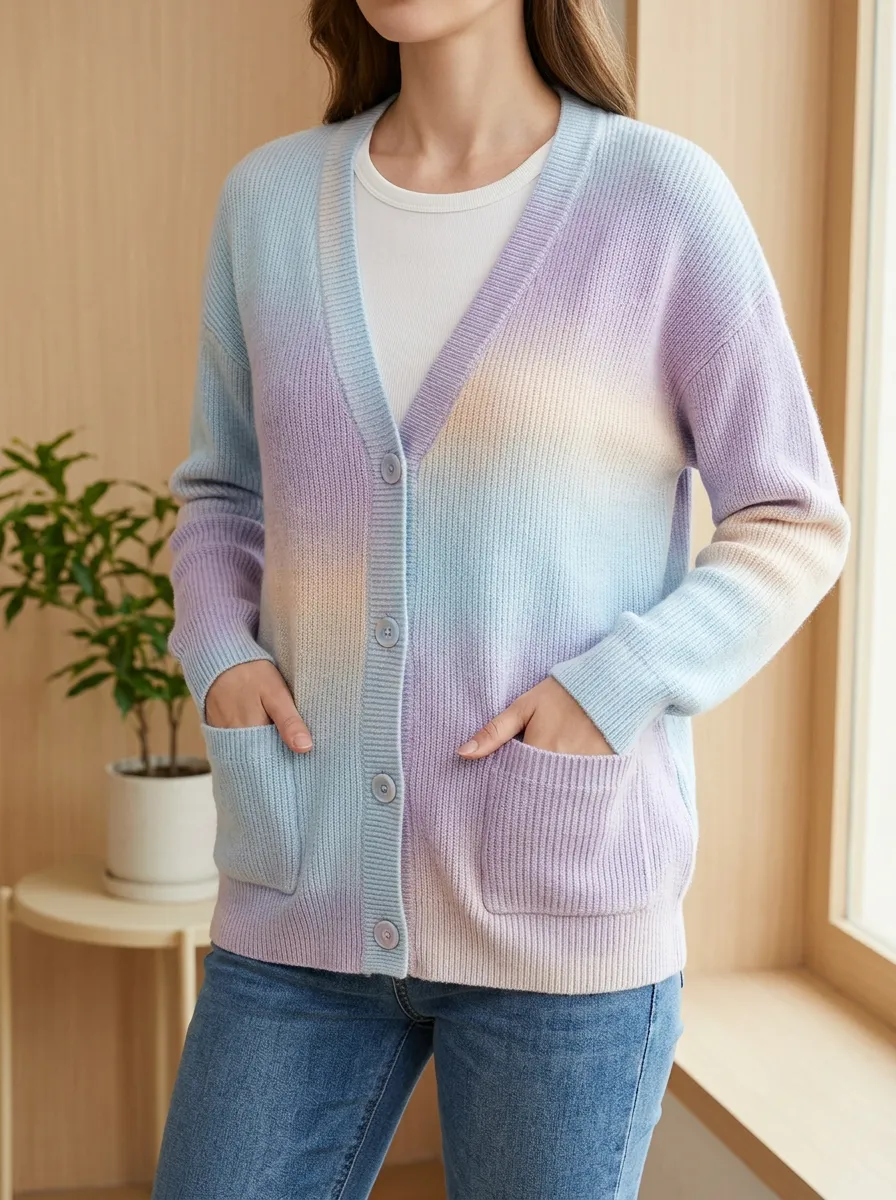 Women's Pastel Ombre Gradient Printed V-Neck Relaxed Layering Cardigan