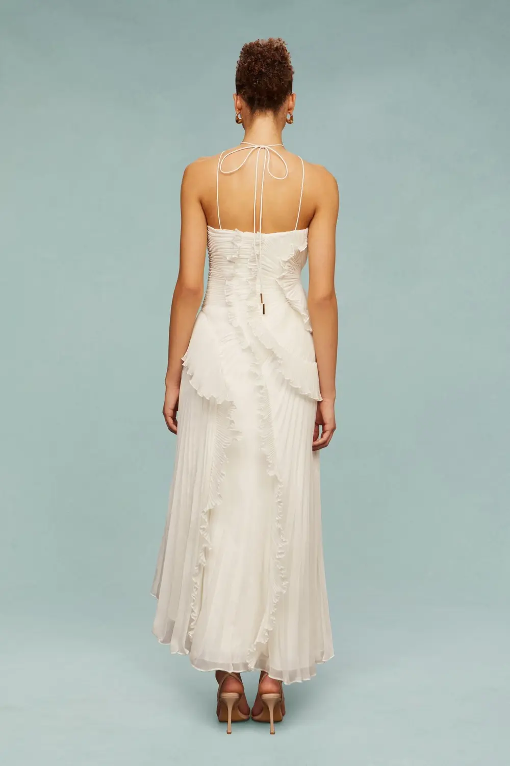 Pleated Frill Halter Neck Midi Dress