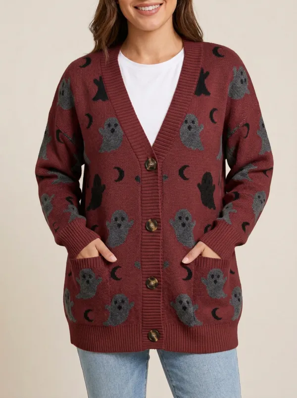 Women's Halloween Ghost Moon Pattern Knitted Cardigan
