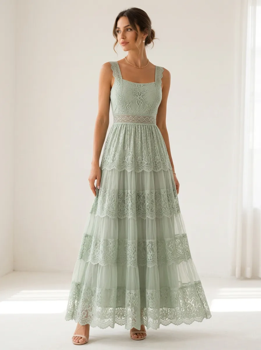 Women's Sage Green Floral Lace Tiered Maxi Dress
