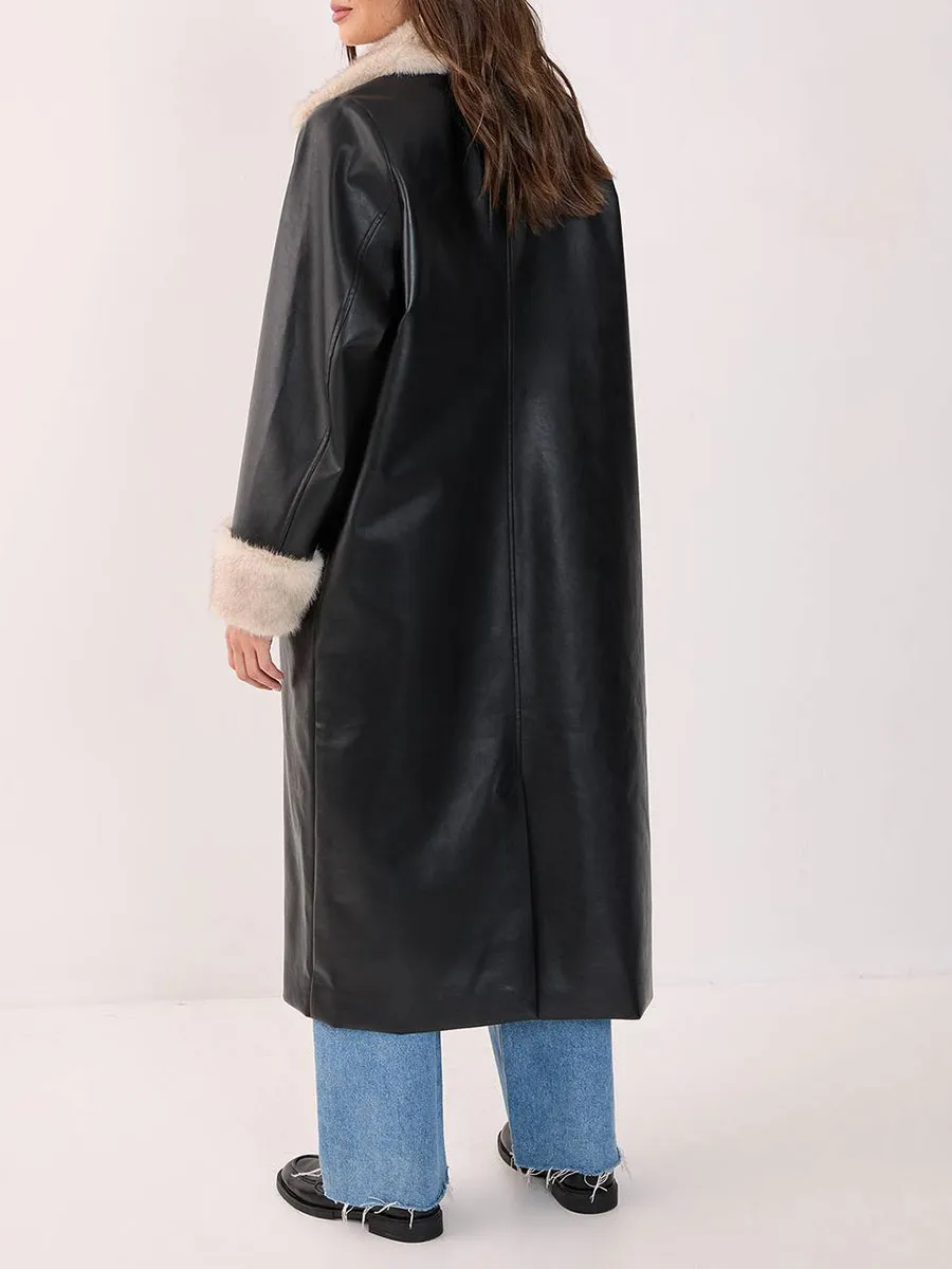 Women's Vintage-Style Faux Fur Collar Leather Long Jacket