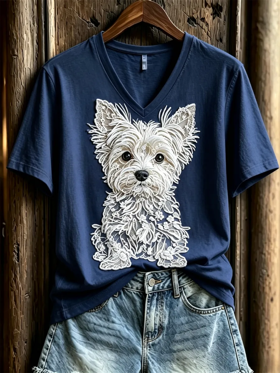 Women'S Dog Love Day Lace Art Pattern Printed V-Neck T-Shirt