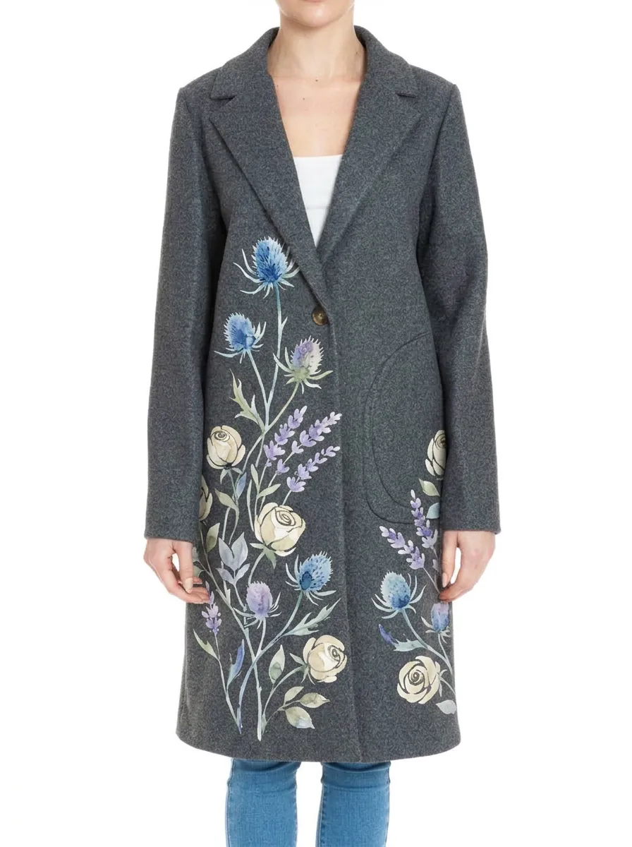 Women's Botanical Floral Thistle Rose Printed Wool Coat