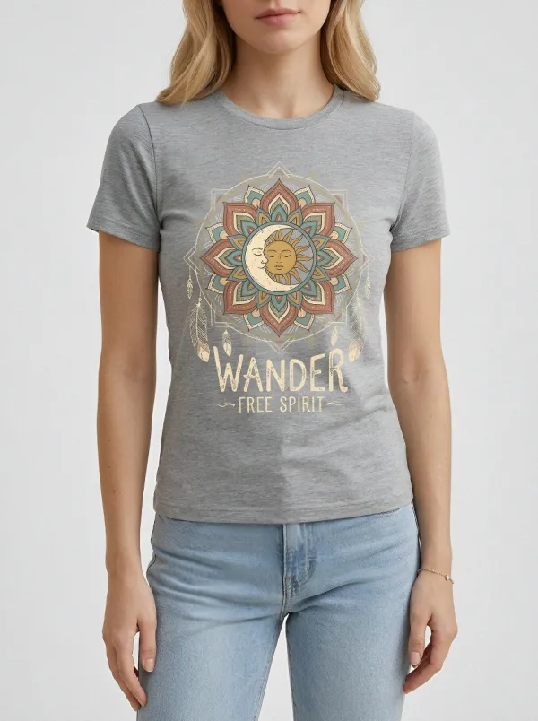 Women's Boho Wander Free Spirit Sun Moon Mandala Printed T-shirt