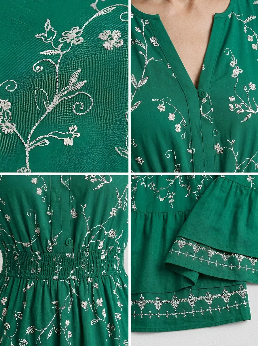 Women's Summer Vacation White Floral Green Printed Midi Dress