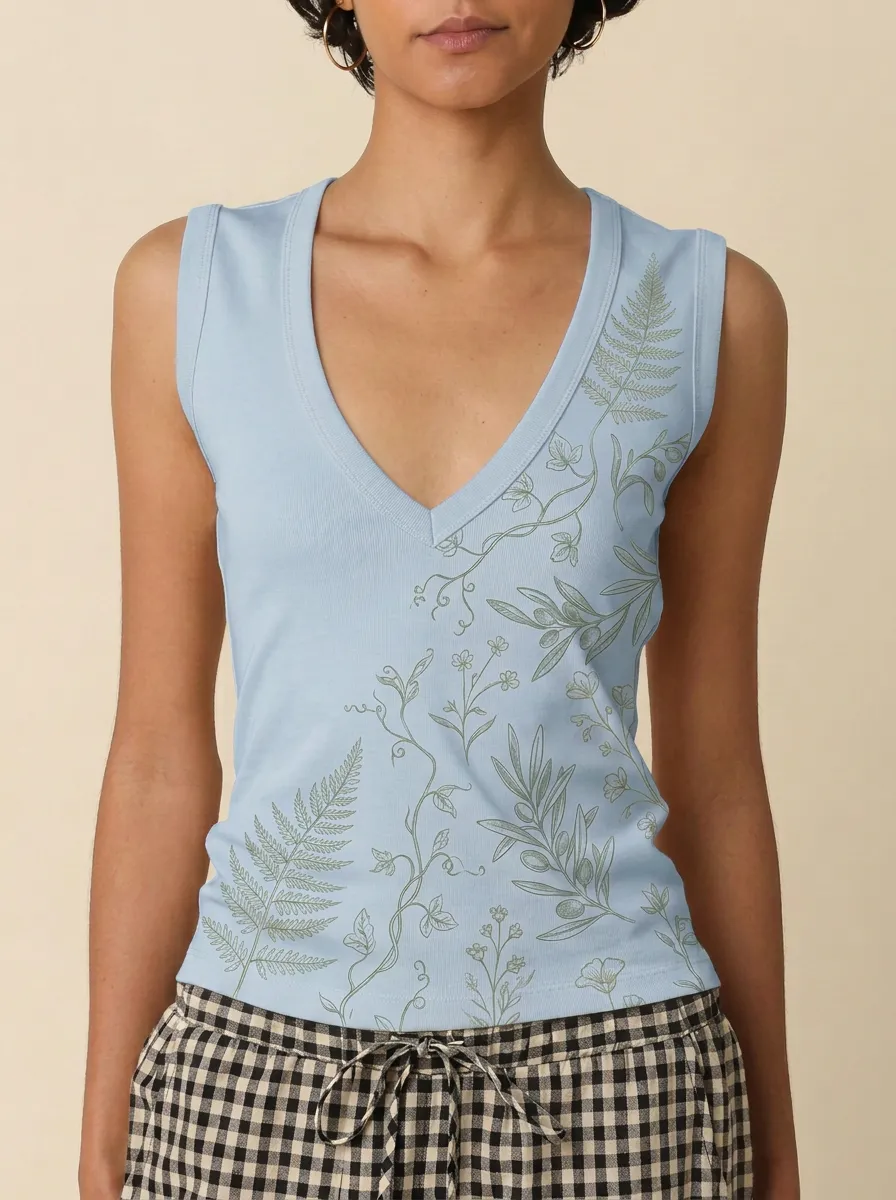 Women's Botanical Nature Lover Fern Olive Printed Tank Top