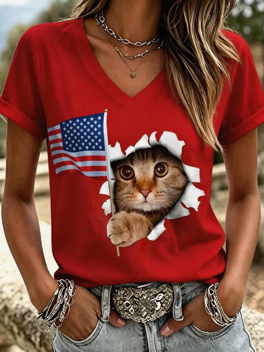 Women'S 250Th Anniversary American Cat Print Casual T-Shirt
