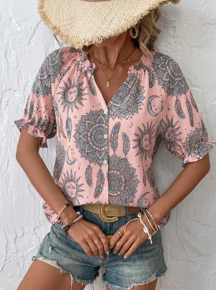 Women's Boho Sun Moon Mandala Feather Printed Blouse