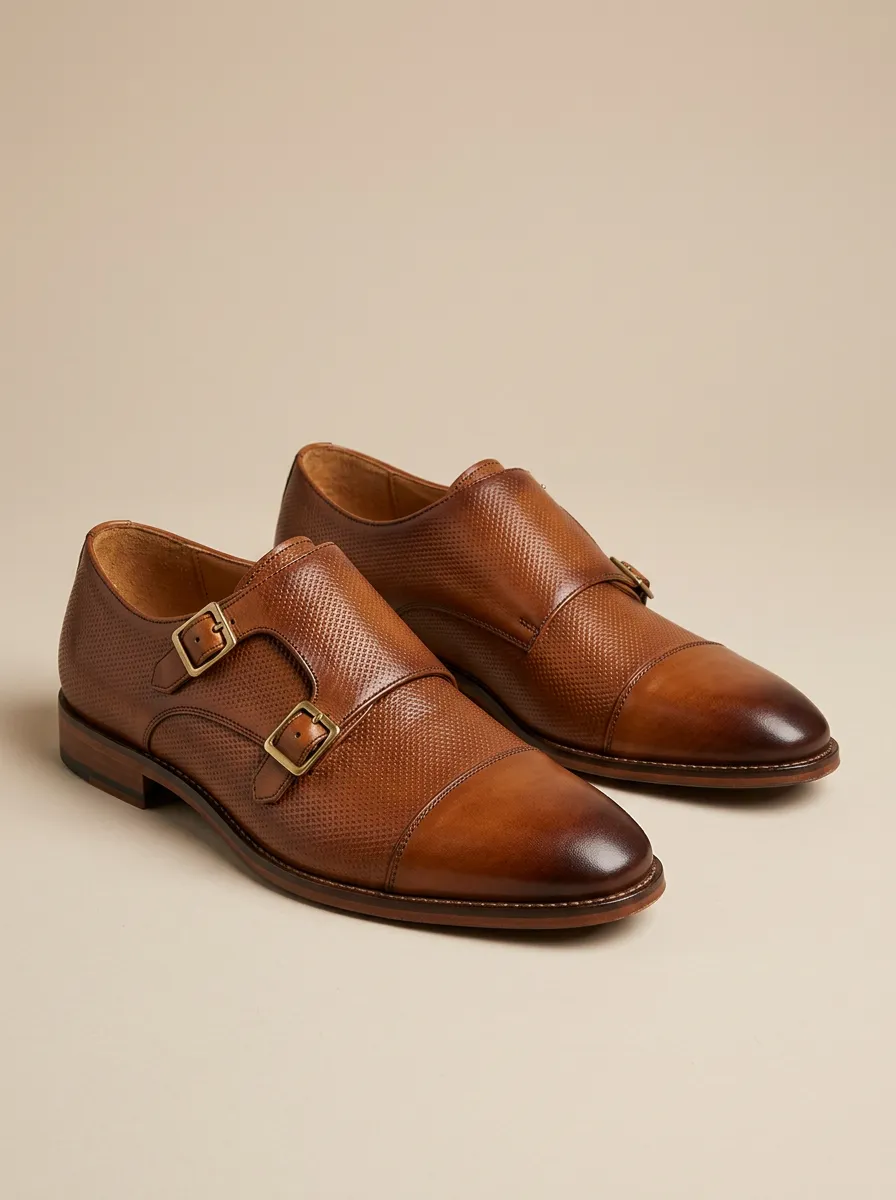 Men's Streamlined Business Formal Perforated Leather Double Monk Strap Shoes
