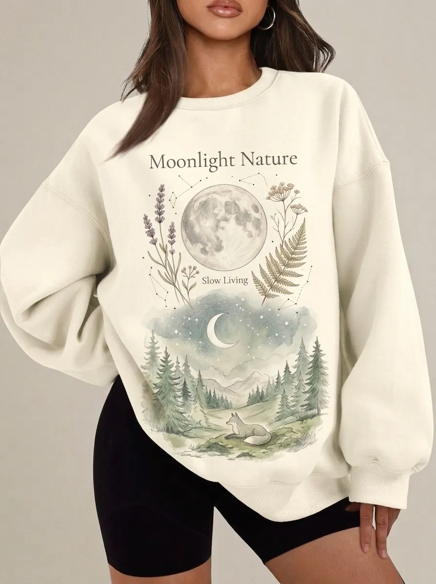 Women's Moonlight Nature Forest Fox Printed Sweatshirt