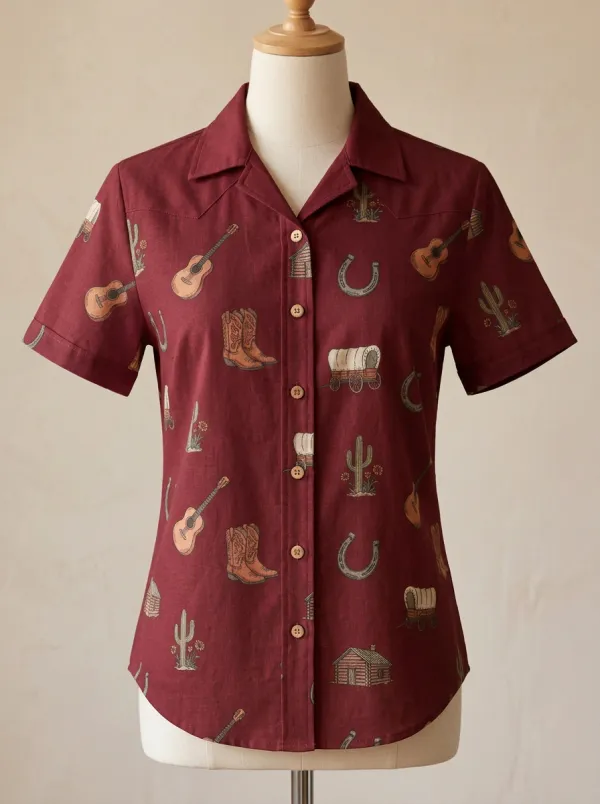 Women's Western Cowboy Guitar Cactus Printed Short Sleeve Shirt