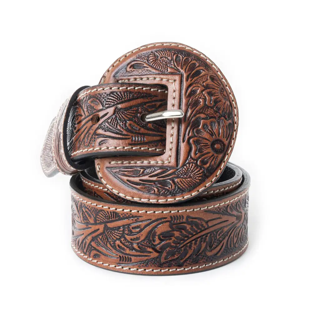 Women's Floral Buckle Handtooled Leather Belt