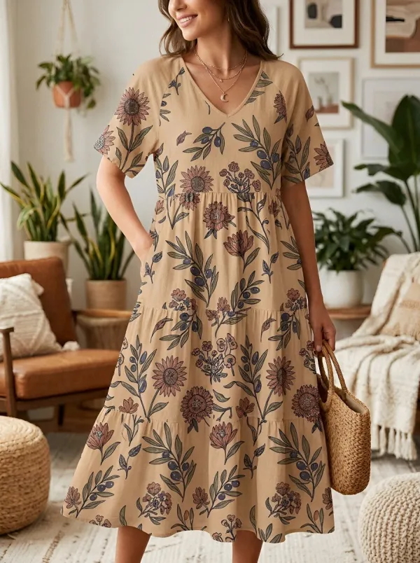 Boho Sunflower Branch V-Neck Midi Dress