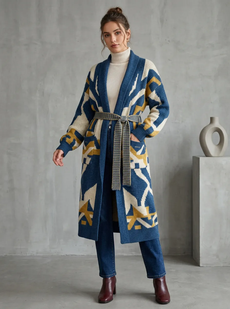 Women's Boho Style Geometric Pattern Knitted Belted Cardigan Top