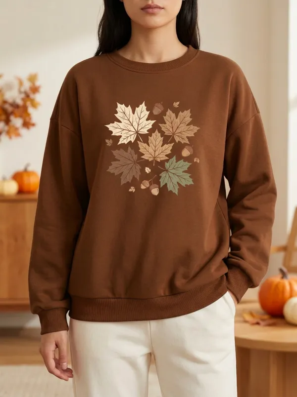 Textured Layer Maple-Leaf Printed Acorn Graphic Sweatshirt
