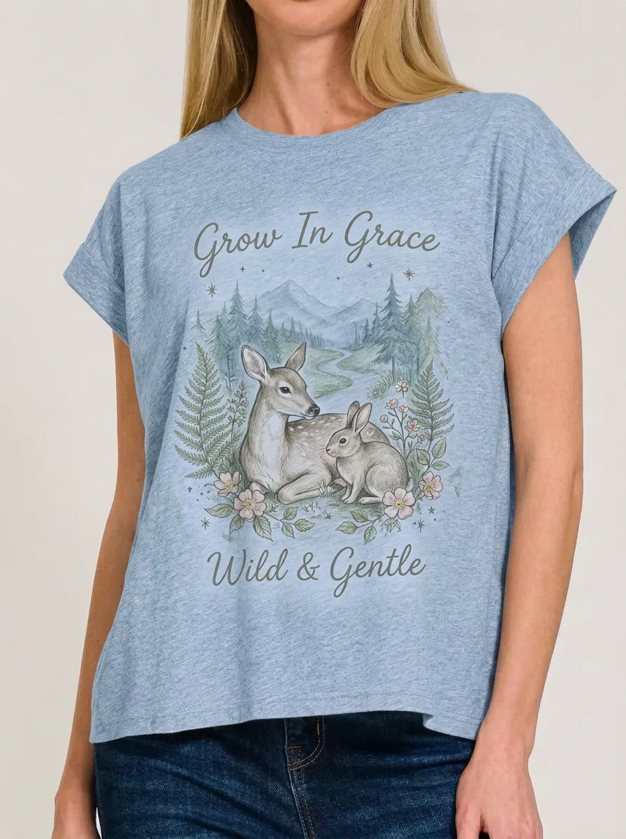 Women's Nature Lover Deer Rabbit Forest Printed T-shirt
