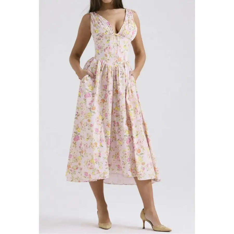 V-Neck Sleeveless Midi Dress with Pockets