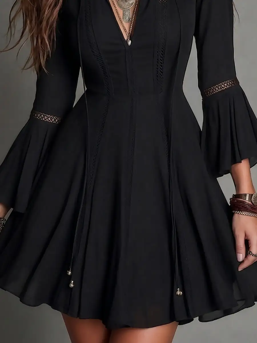 Vintage-style Tie-neck A-line Mini Dress With Cutout Lace Trim