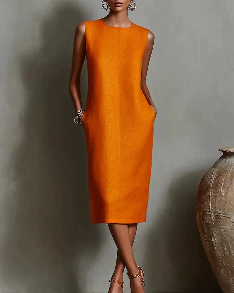 Linen Blend Sleeveless Crew Neck Midi Dress
