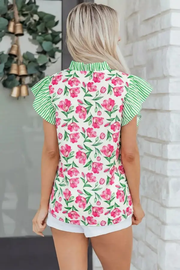 Floral Print Striped Ruffle Trim V Neck