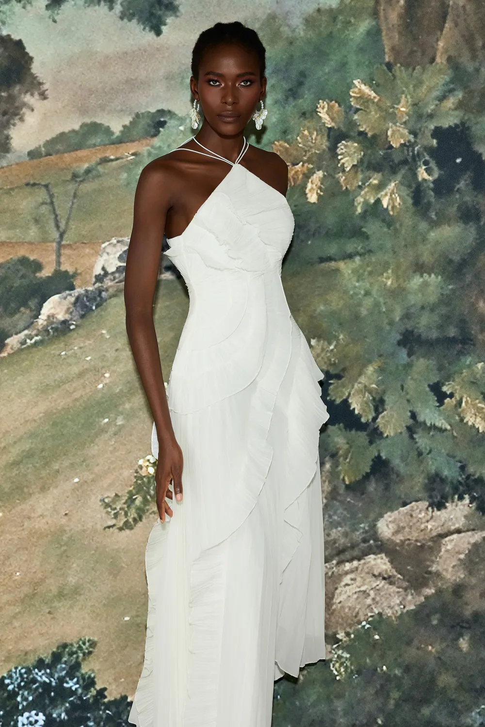 Pleated Frill Halter Neck Midi Dress