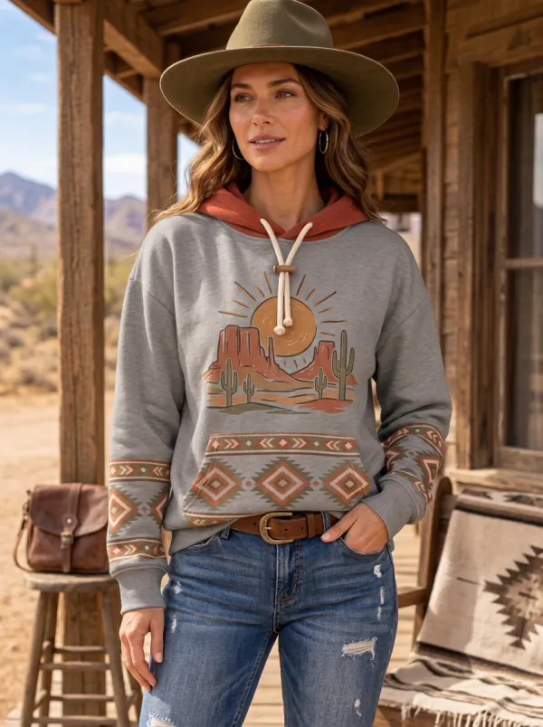 Women's Western Desert Cactus Sun Printed Hoodie