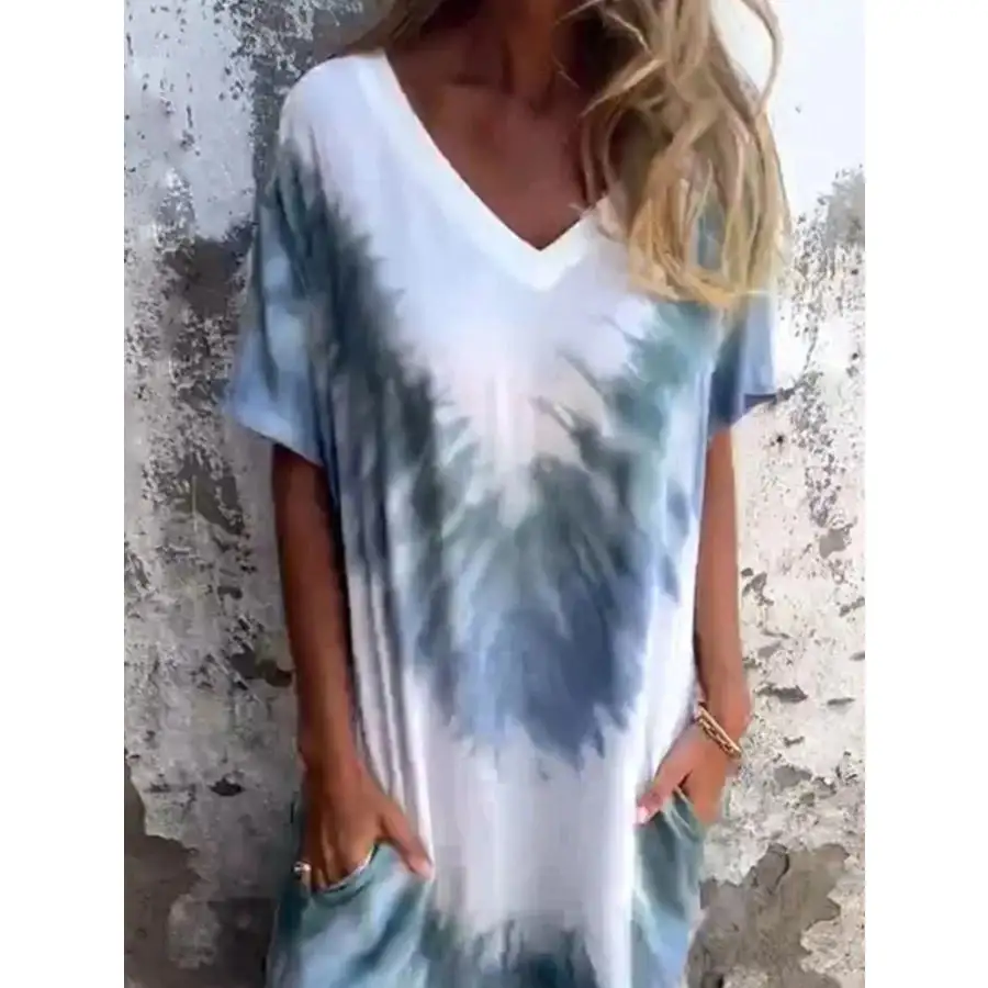 Full Size Tie-Dye V-Neck Midi Dress with Pockets Plus Size
