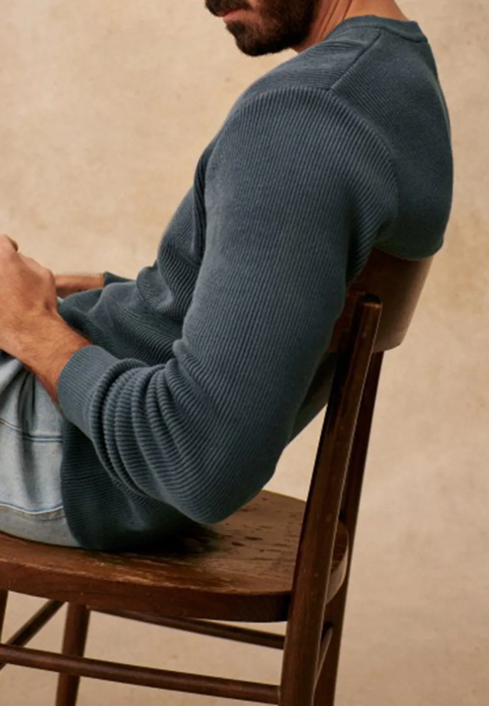 Steel Blue Ribbed Knit Crew Neck Sweater