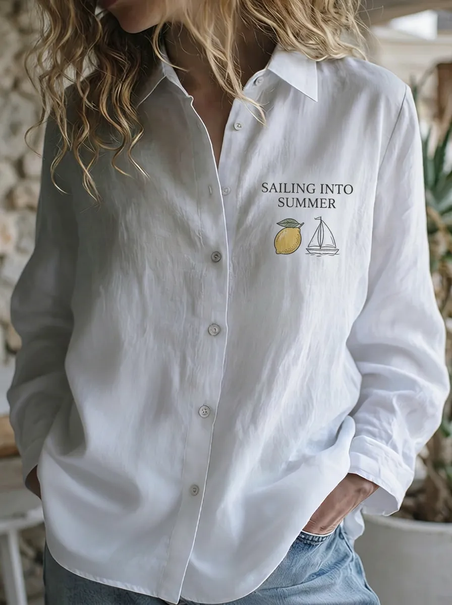 Women's Summer Sailing Lemon Graphic Printed Button-up Shirt