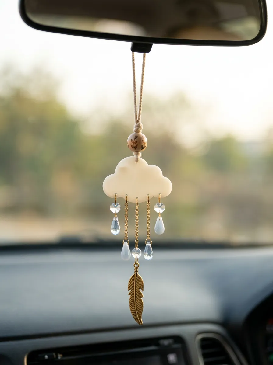 Crystal Cloud Feather Rearview Mirror Hanging Ornament