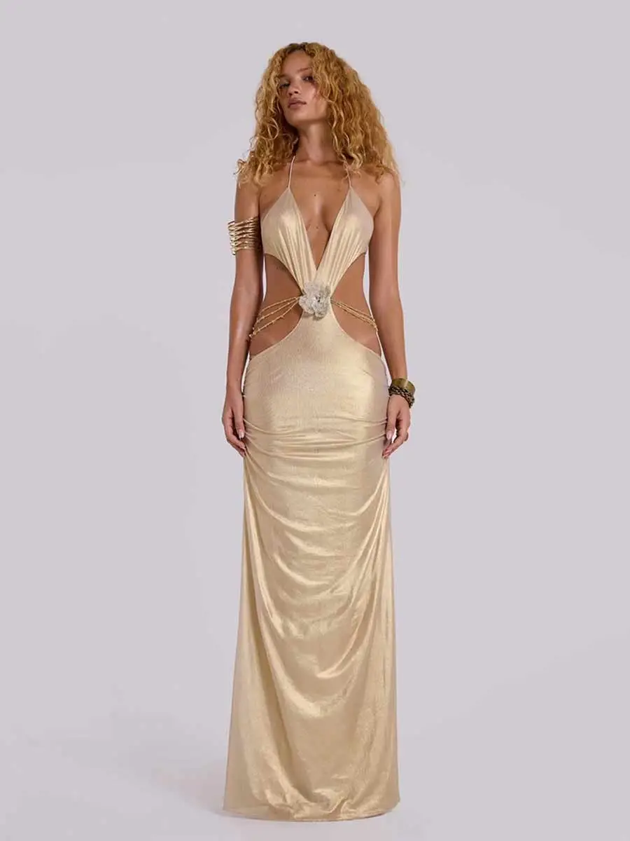 Simone Deep V Neck Backless Maxi Dress