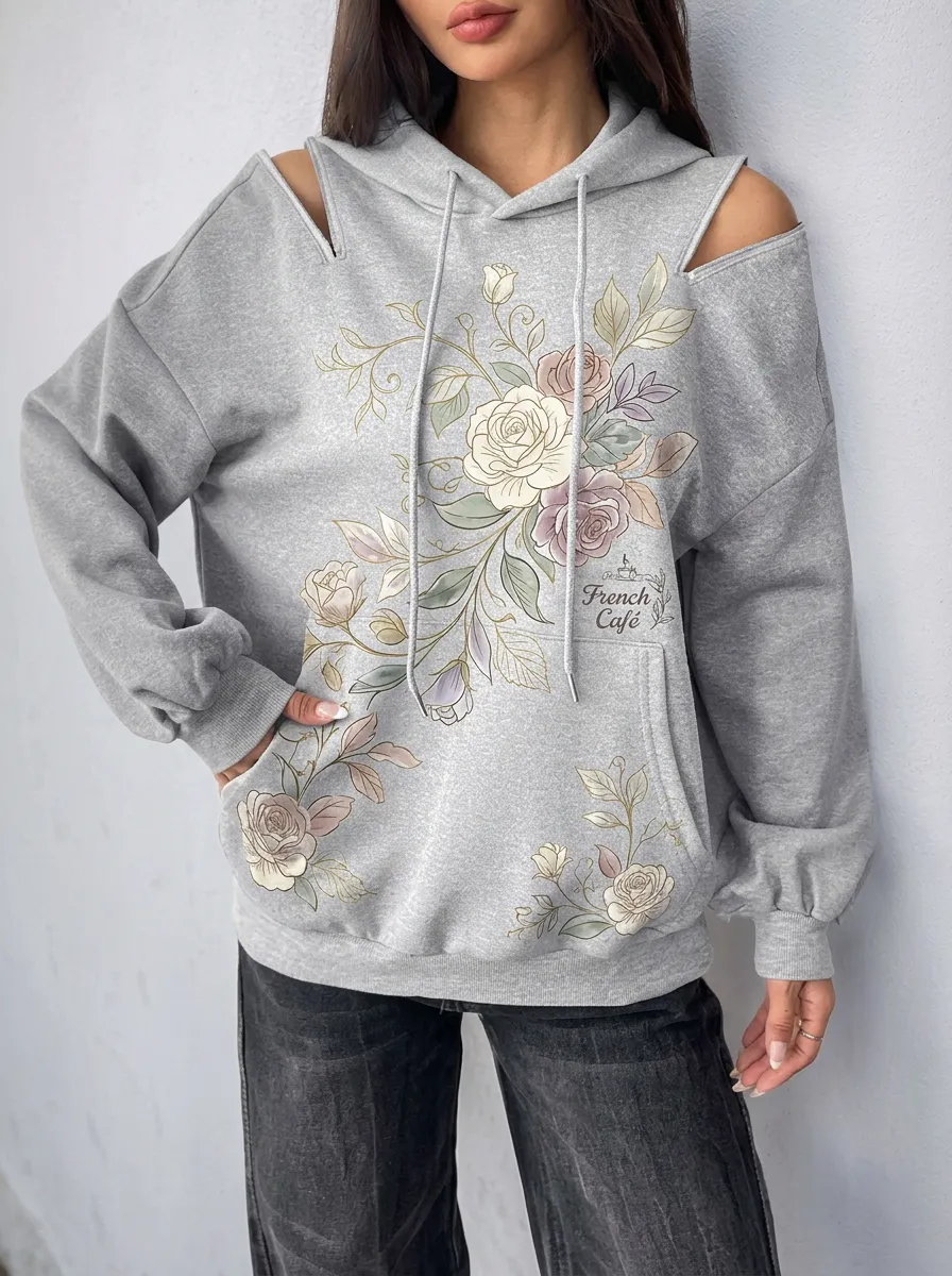 Women's French Cafe Floral Cold Shoulder Printed Hoodie