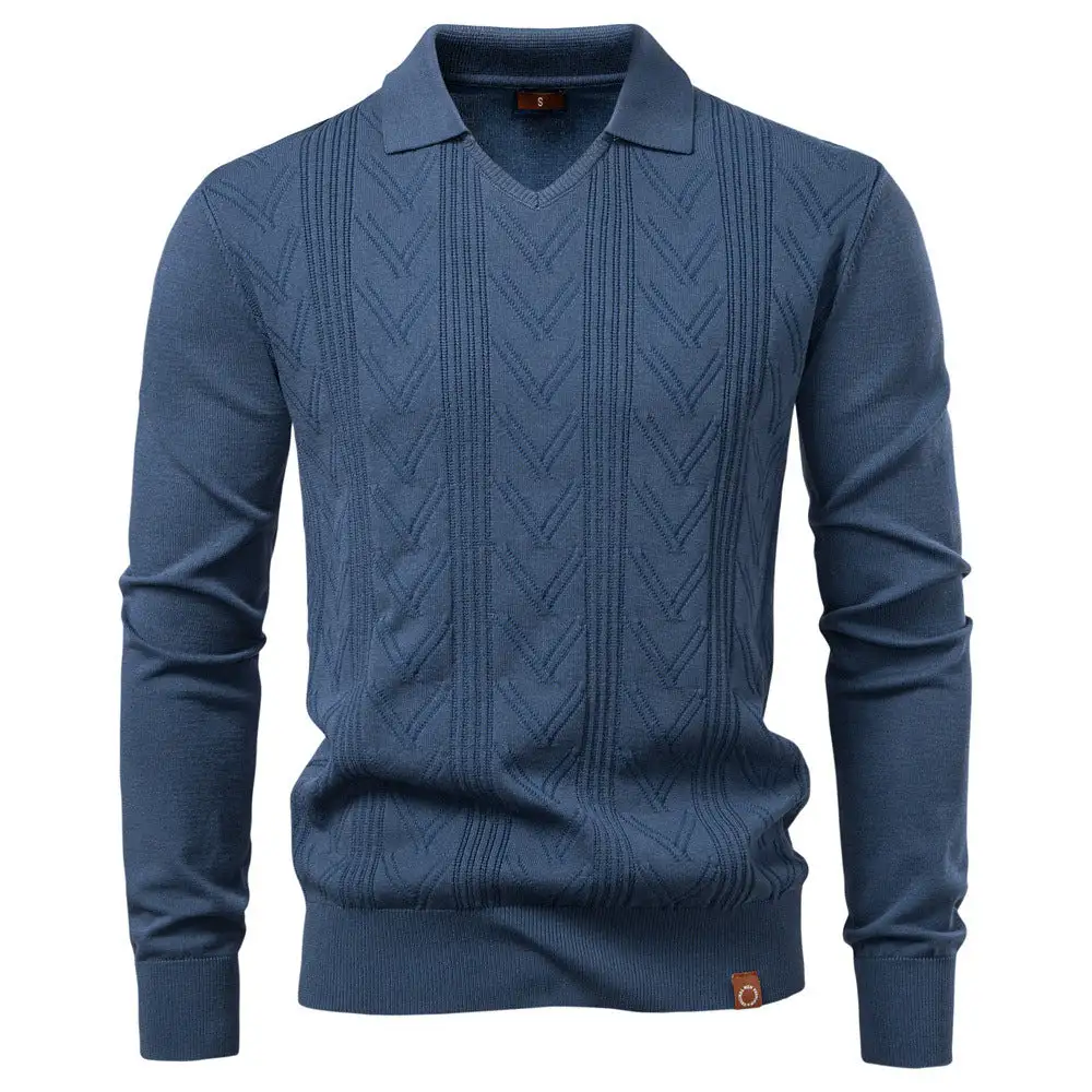 Men's Fine Knit Polo Sweater With V-Neck Zigzag Pattern And Classic Collar
