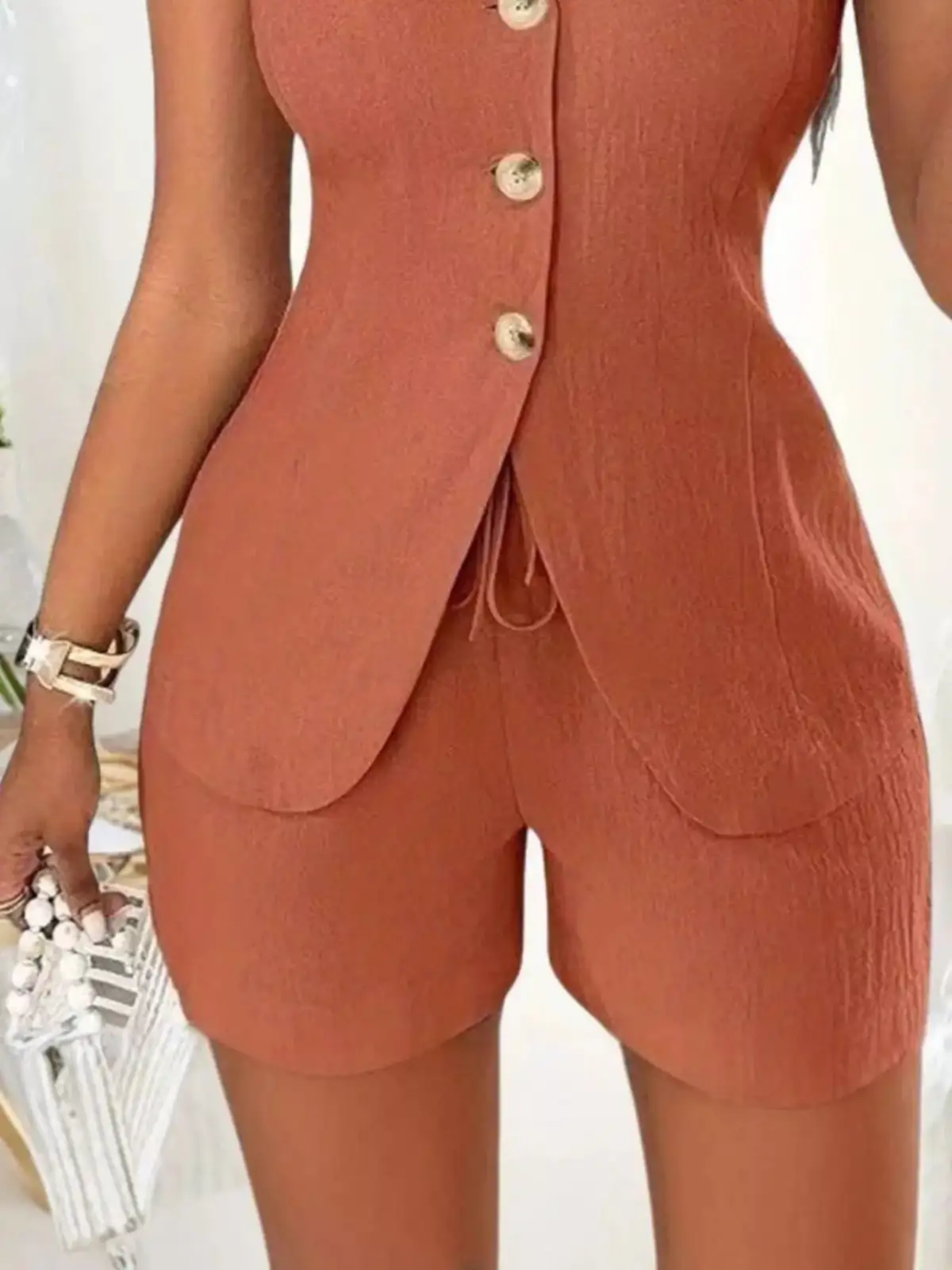 Drawstring Pocketed Vest and Shorts Matching Set