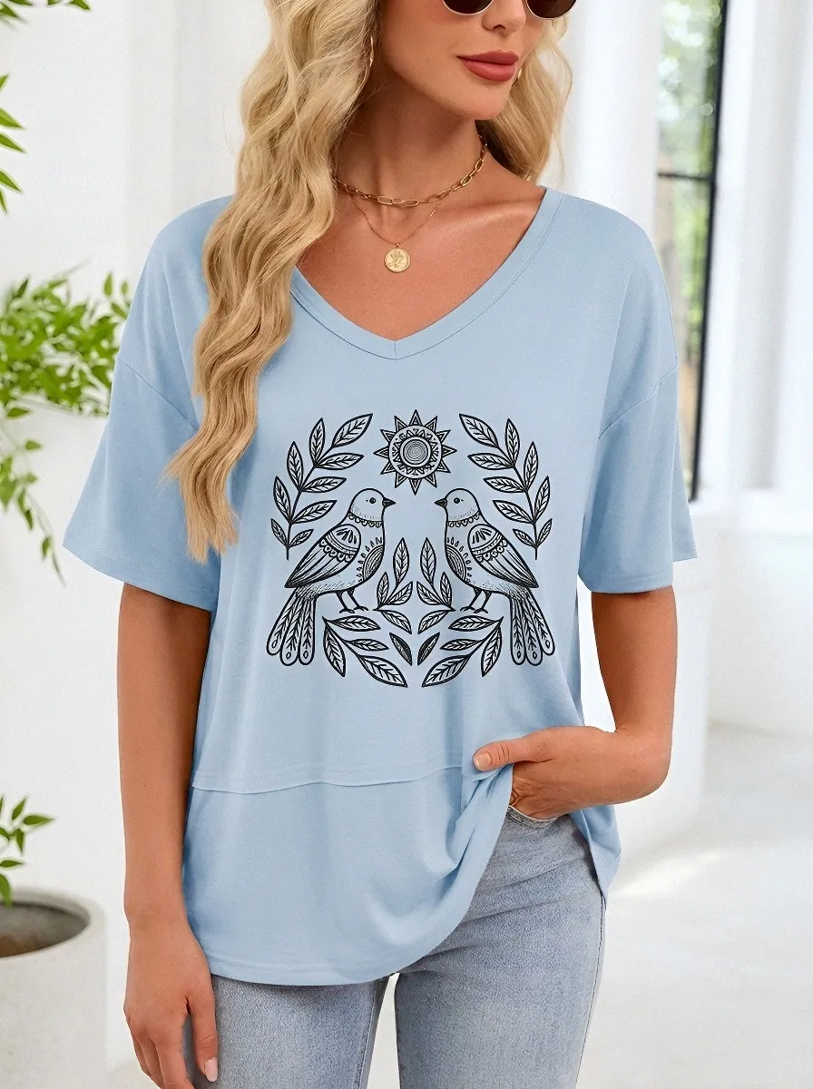 Women's Nature Lover Bird Sun Leaves Printed T-shirt
